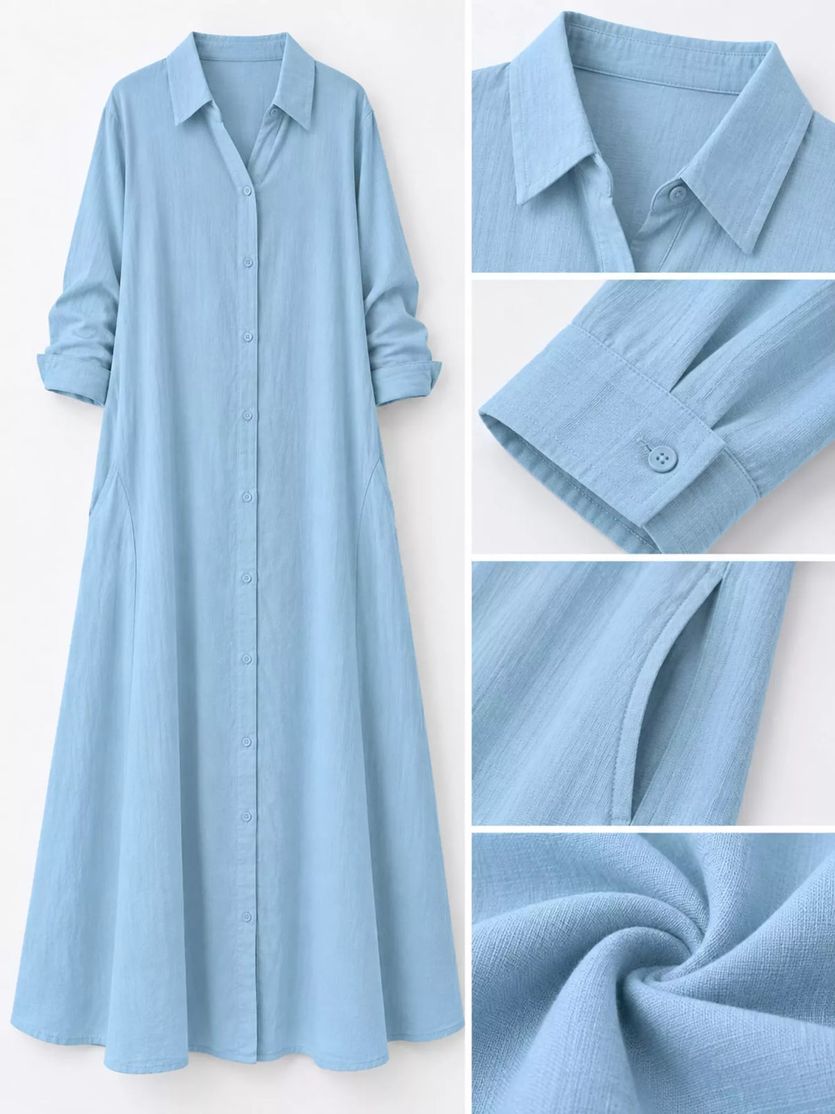 Full Size Button Front Long Sleeve Maxi Shirt Dress Plus (18)