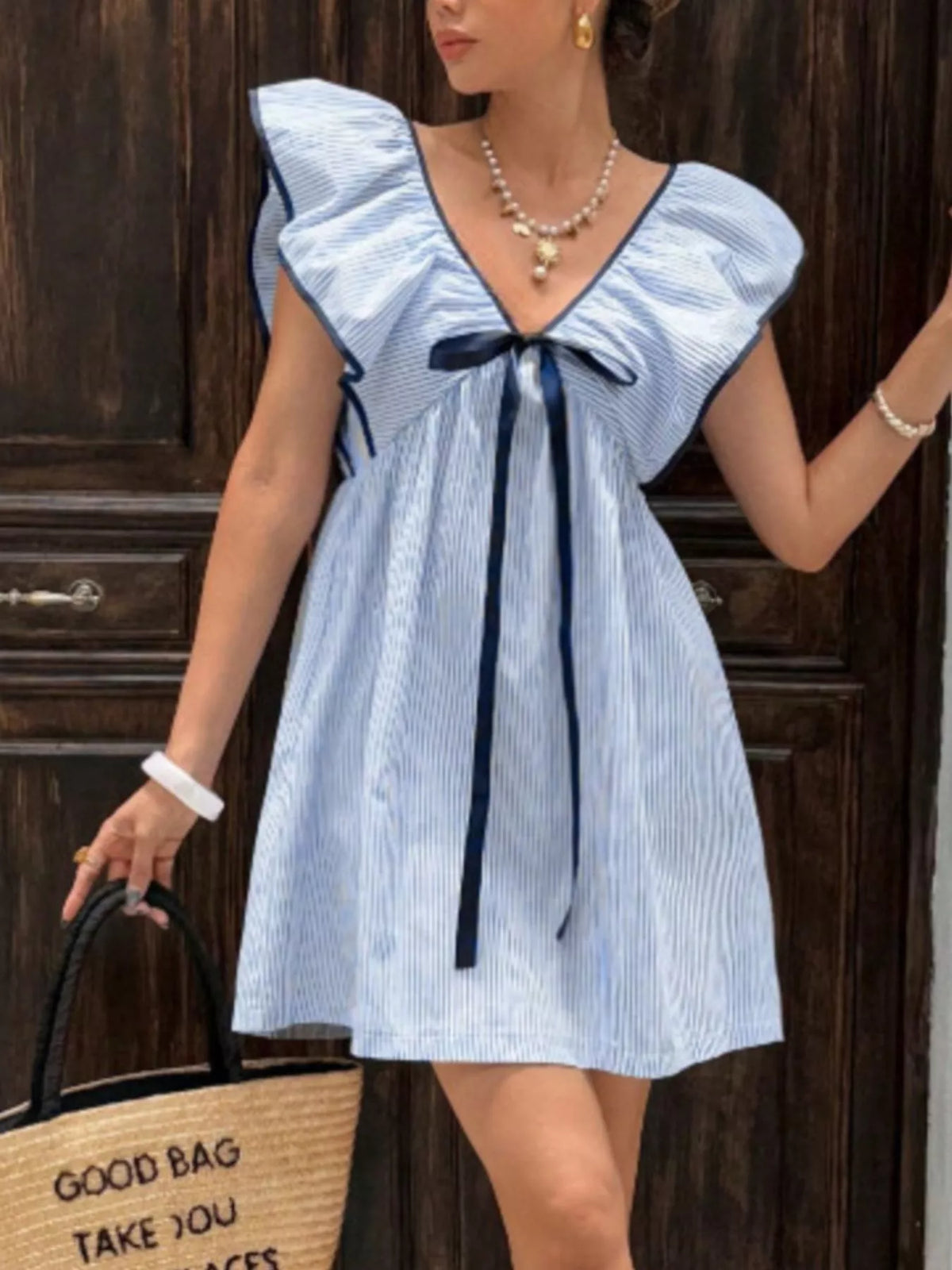 Striped Ruffle Sleeve Mini Dress (5)