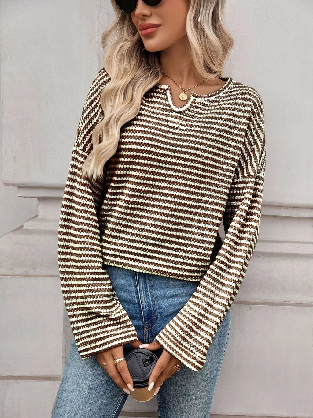 Striped Notched Long Sleeve T-shirt (7)