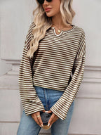 Striped Notched Long Sleeve T-shirt (7)
