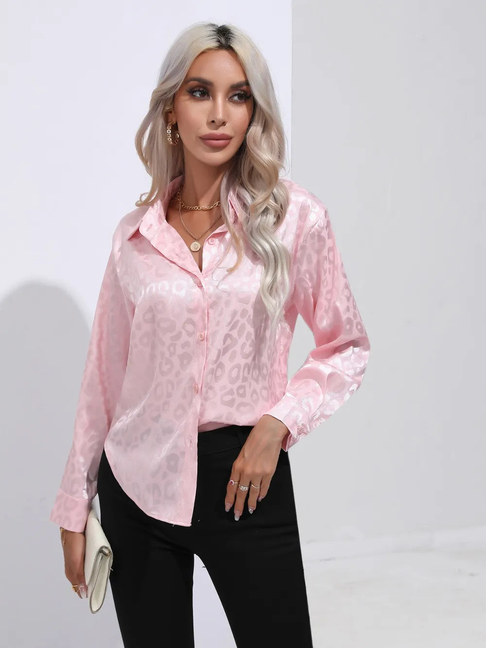 Leopard Collared Neck Long Sleeve Shirt