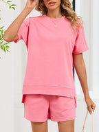 Round Neck Short Sleeve T-shirt Shorts Set (14)