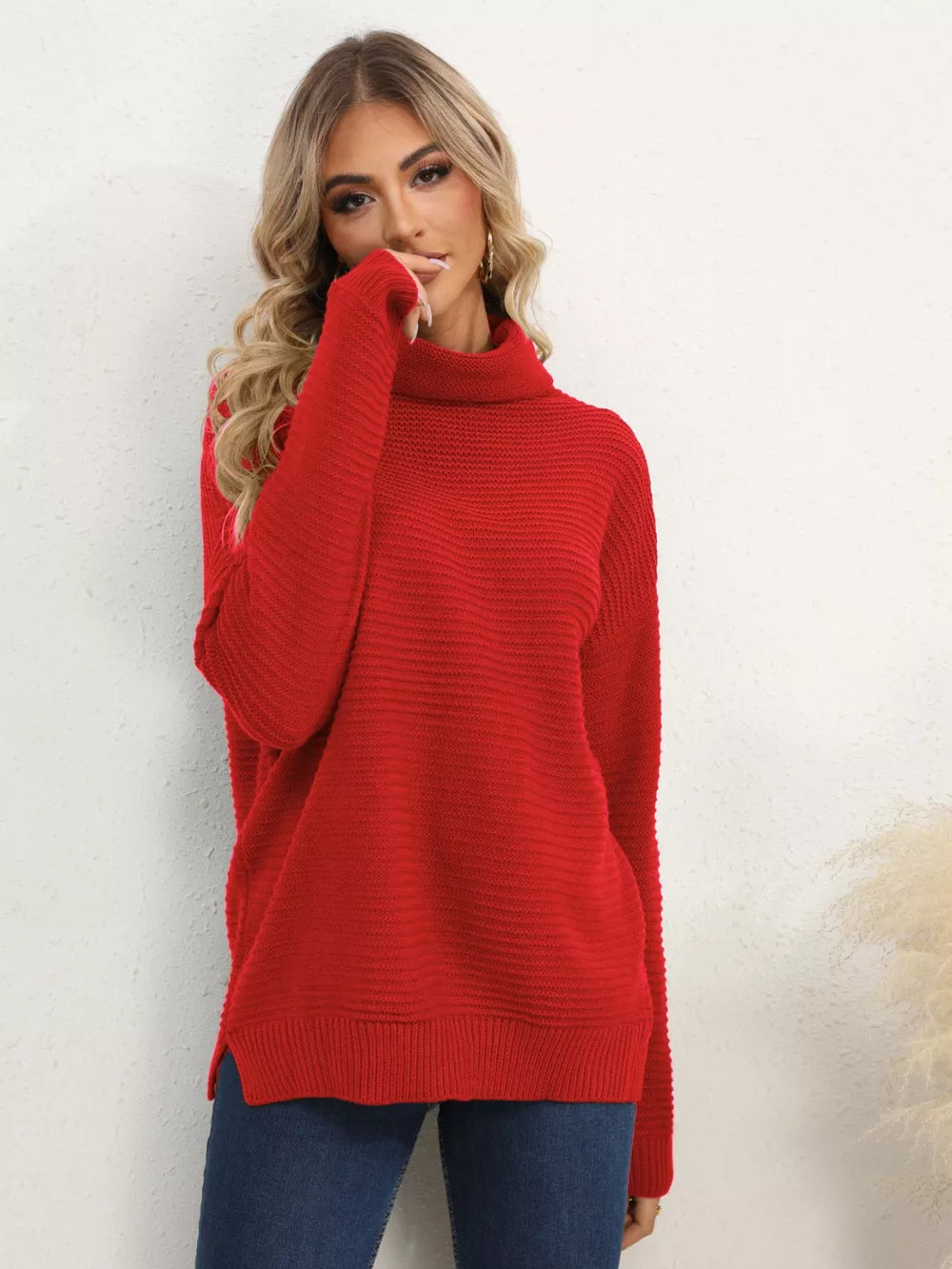 Slit Turtleneck Dropped Shoulder Sweater (9)