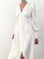 Elegant V-neck Puff Sleeve Button-down Midi Dress (2)