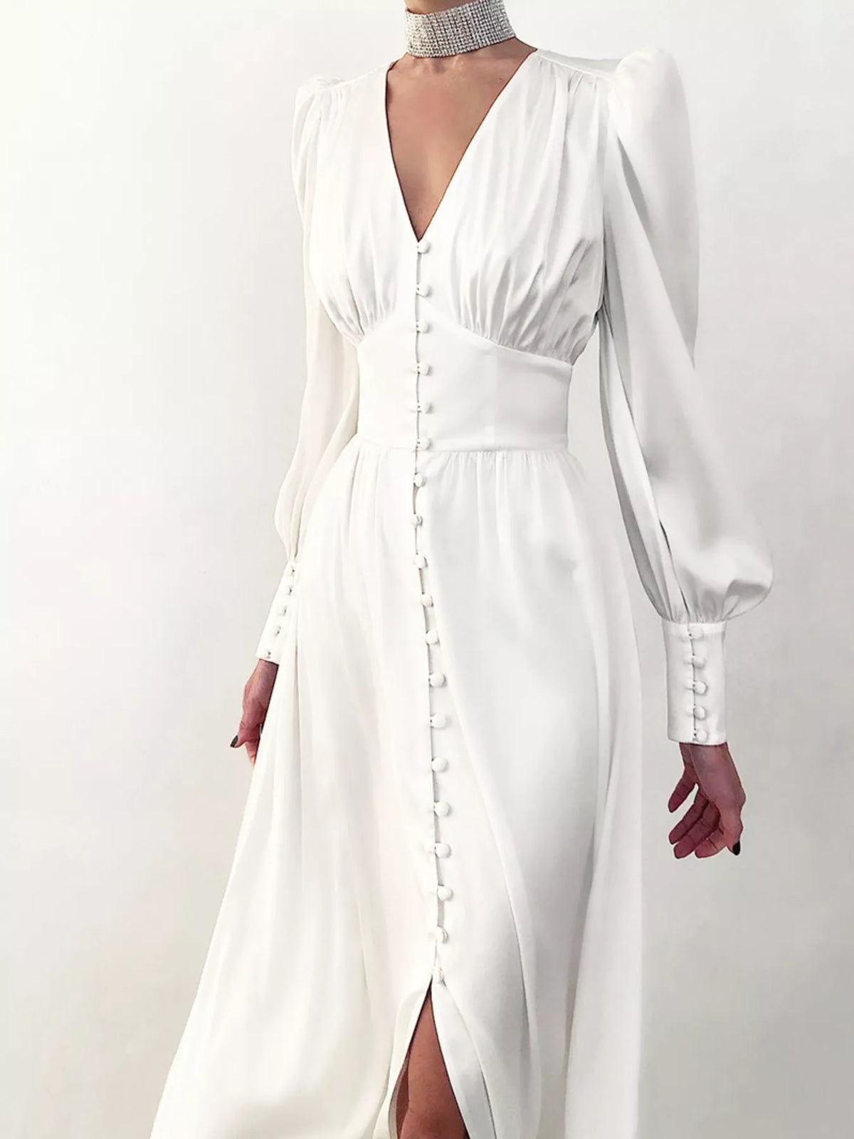 Elegant V-neck Puff Sleeve Button-down Midi Dress (2)
