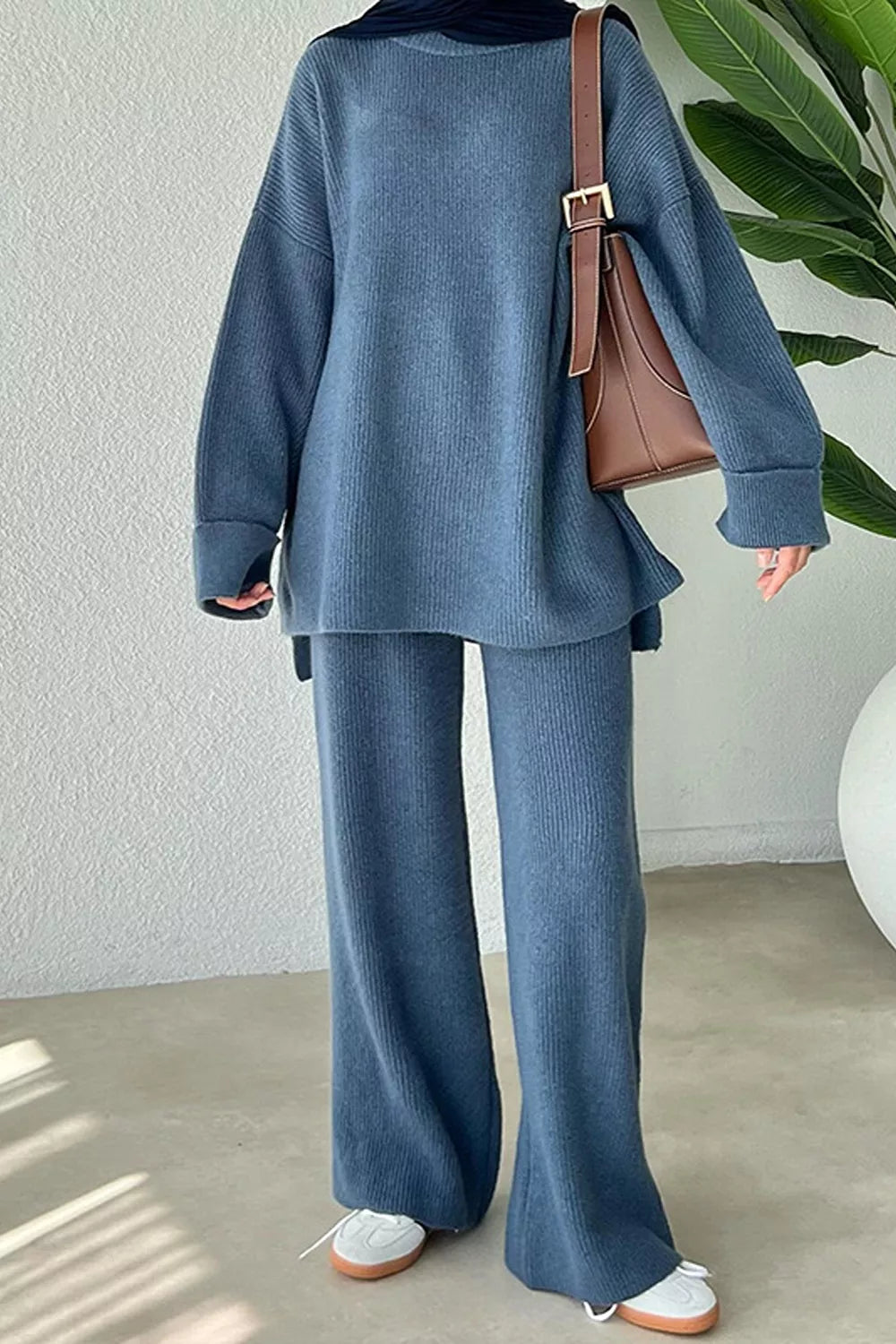 Dropped Shoulder Knit Sweater Wide Leg Pants Set