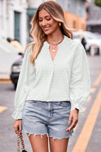 Swiss Dot Notched Neck Flounce Sleeve Blouse (5)
