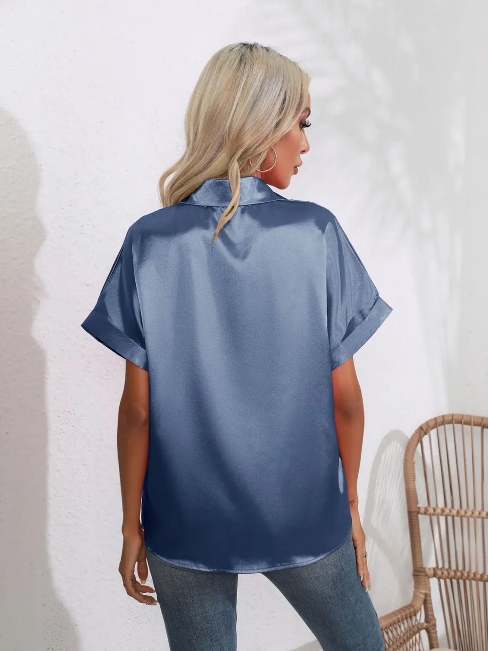 Button Down Collared Neck Short Sleeve Satin Shirt (15)