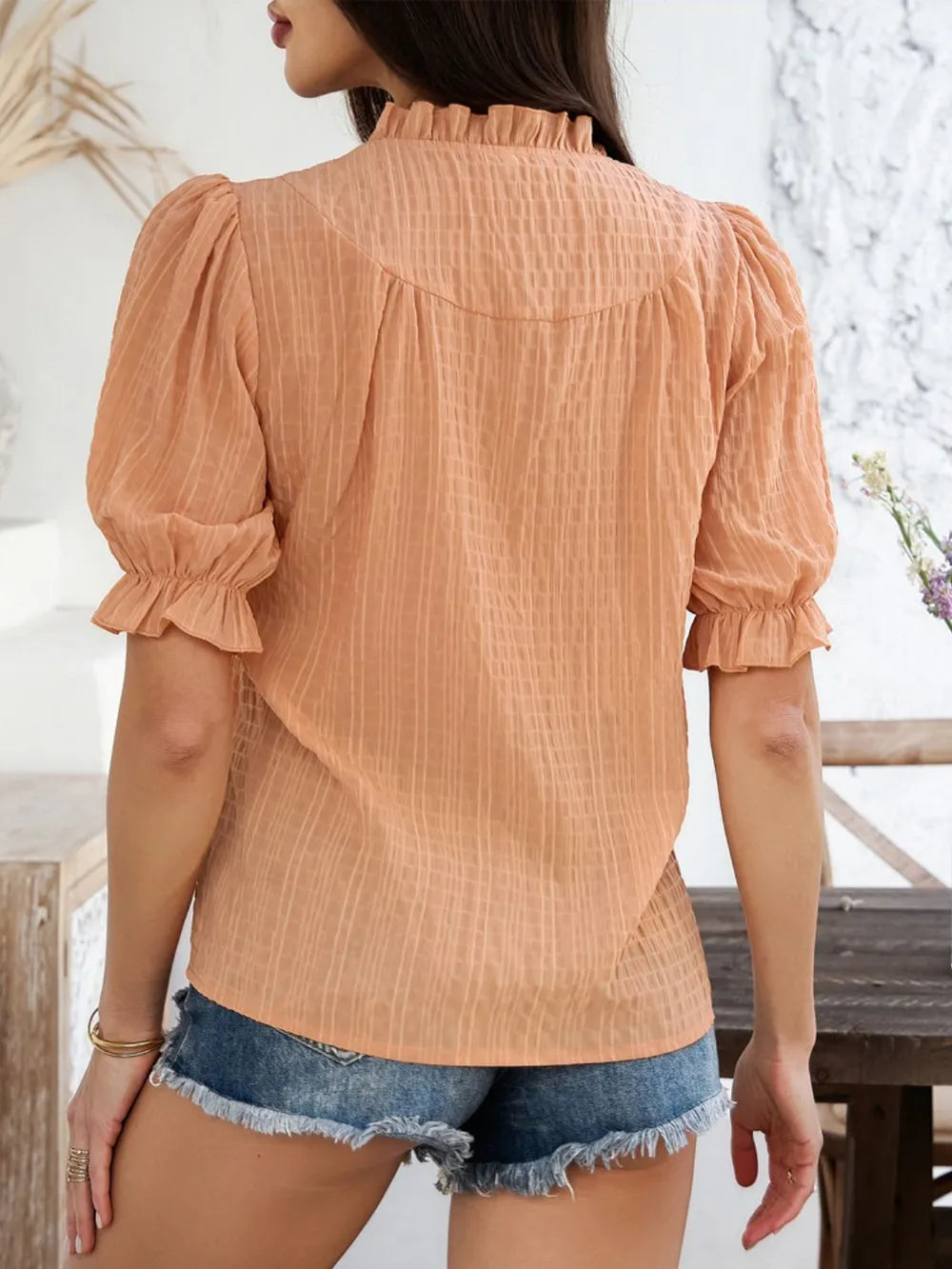 Frill Notched Short Sleeve Blouse (5)