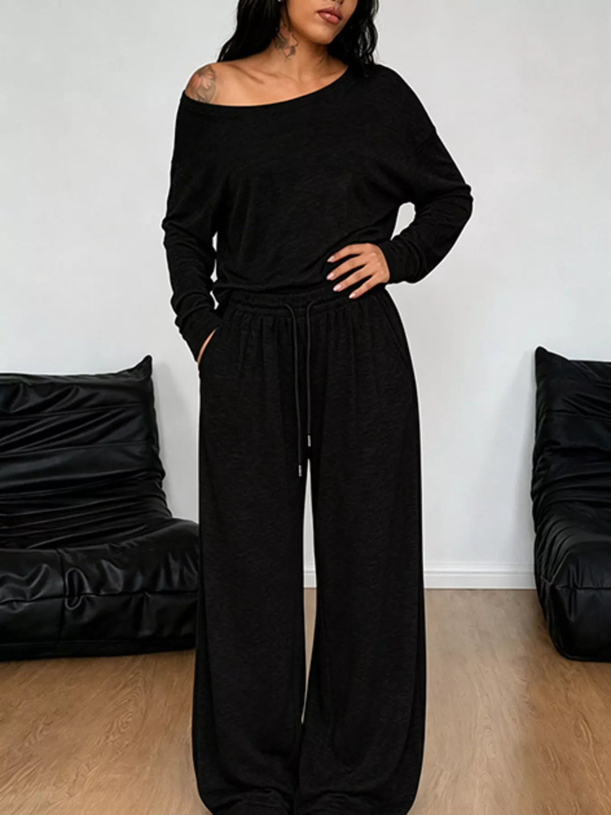 Full Size One-shoulder Top Drawstring Pants Set Plus (18)