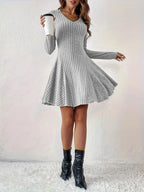 Ribbed Knit Long Sleeve A-line Dress (8)