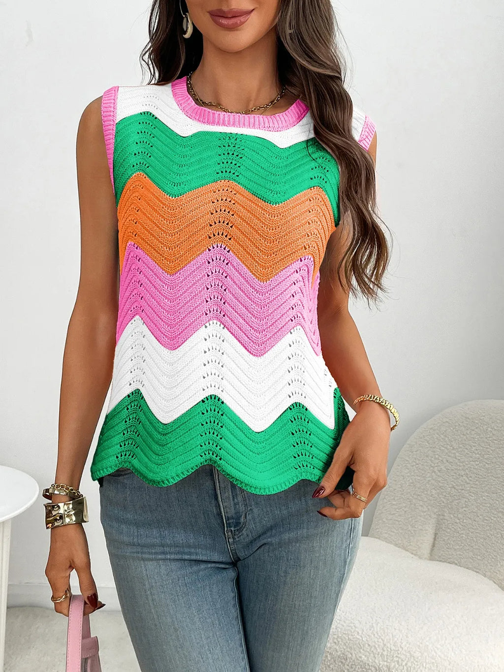 Block Round Neck Sweater Vest (10)