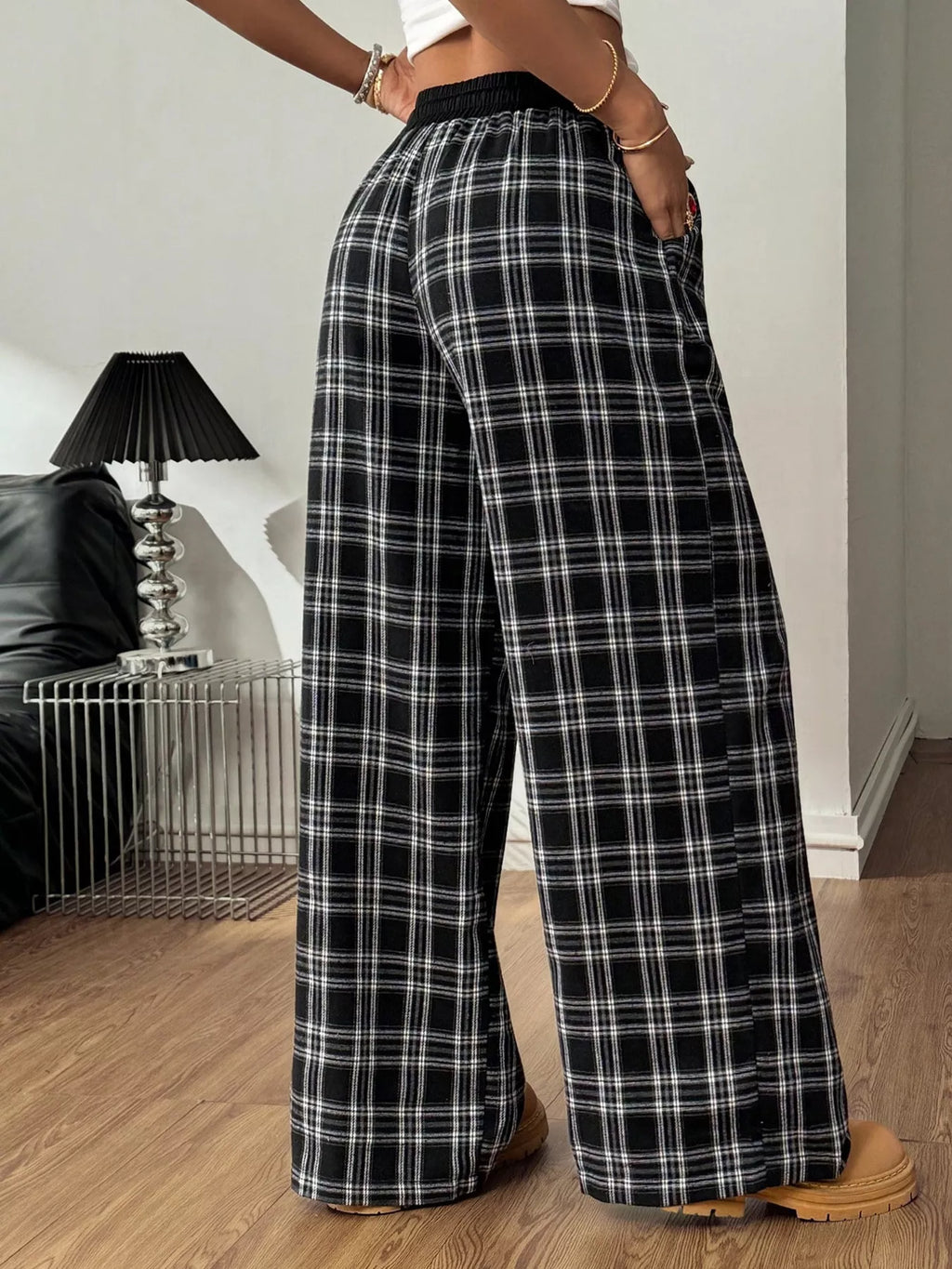 Plaid Wide-leg Pants Elastic Waistband (5)