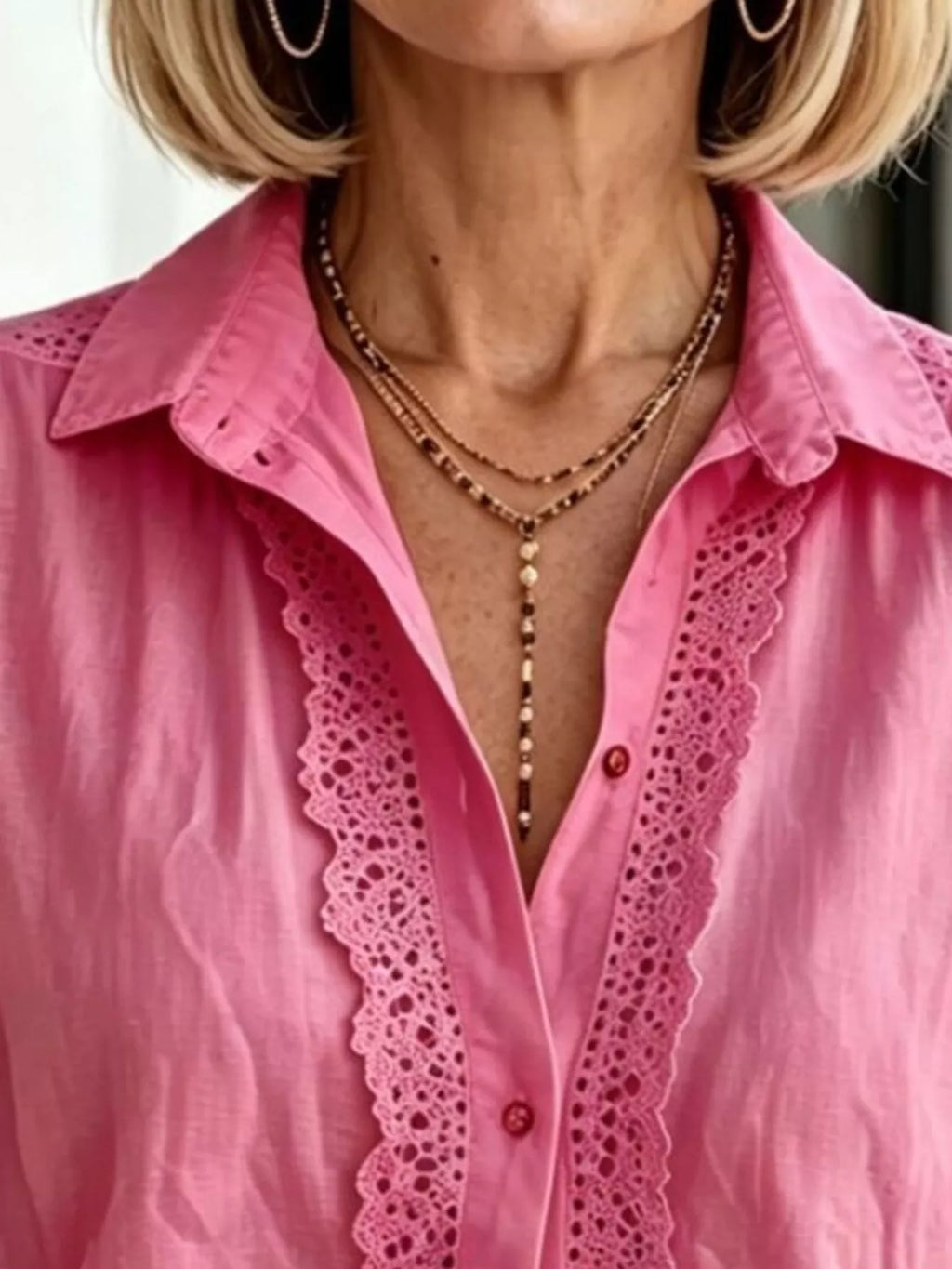 Lace-trimmed Short Sleeve Button-down Shirt (5)