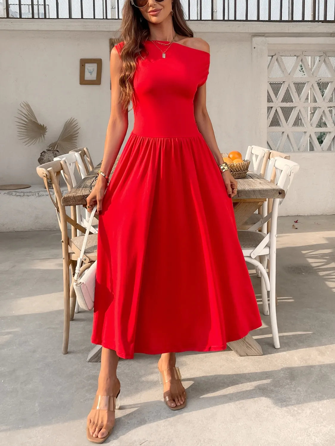 Single Shoulder Midi Dress Pockets (2)