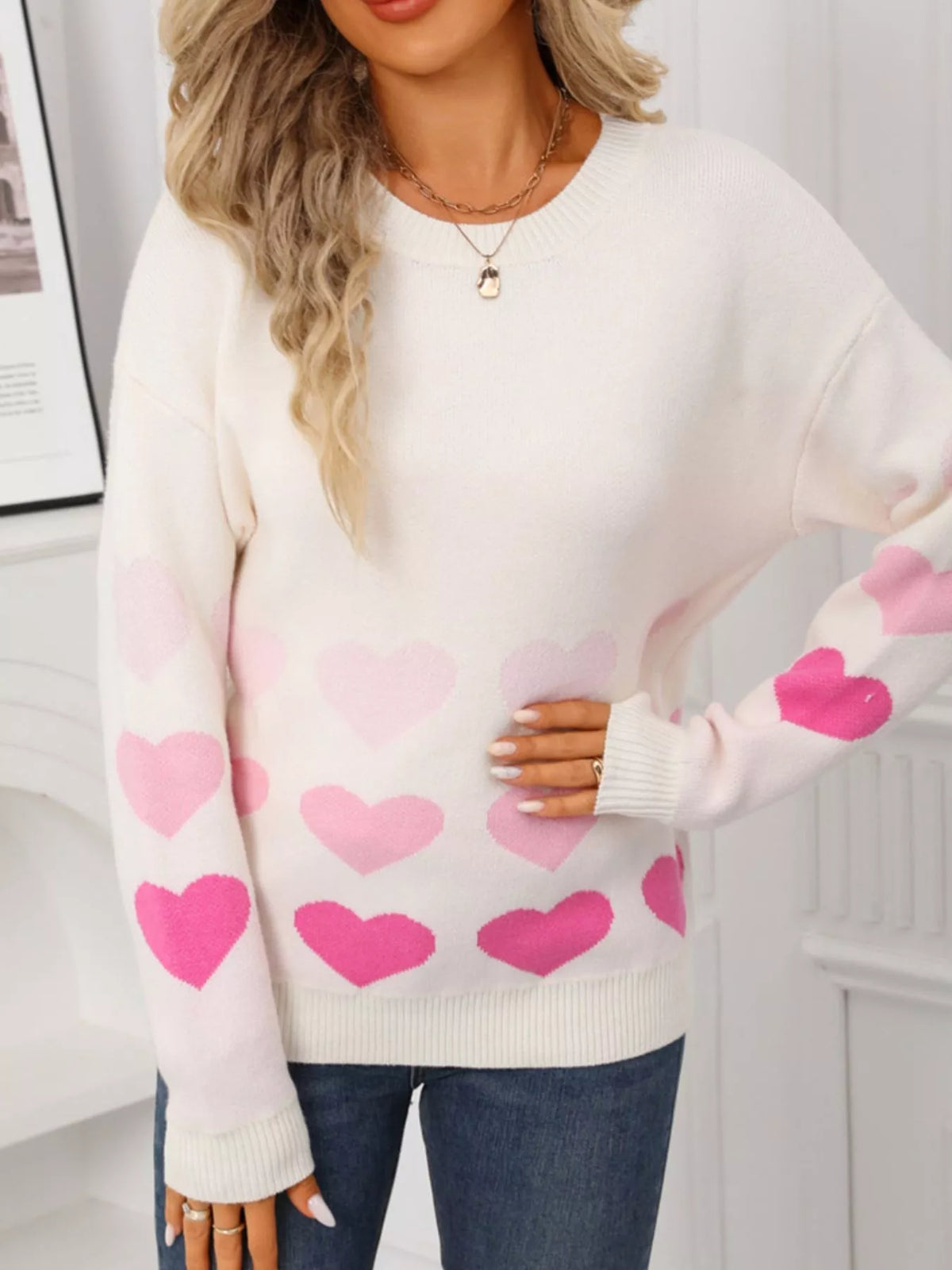 Valentine's Day Heart Pattern Crew Neck Sweater (3)