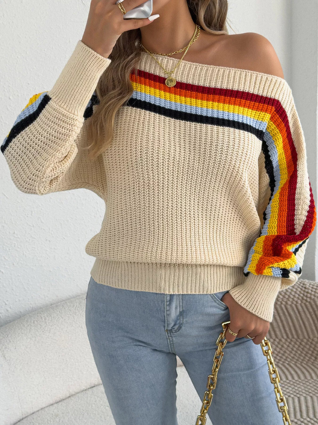 Striped Knit Boat Neck Sweater (4)