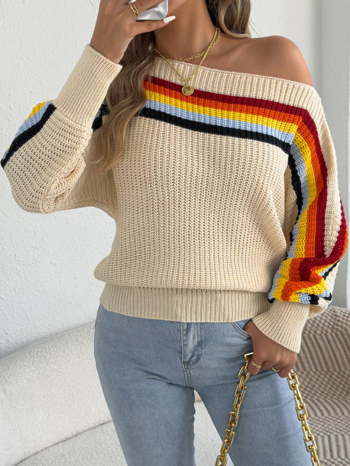 Striped Knit Boat Neck Sweater (4)