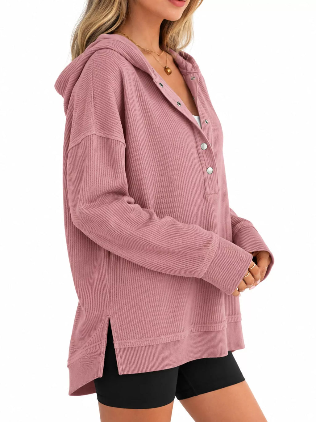 Full Size Snap Button Placket Dropped Shoulder Hoodie Plus (7)