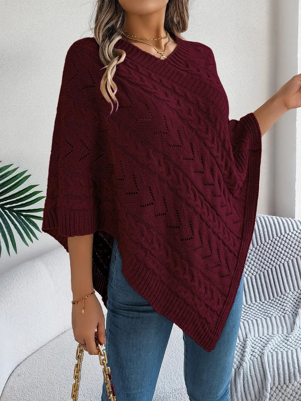 Cable-knit Openwork Three-quarter Sleeve Sweater (15)