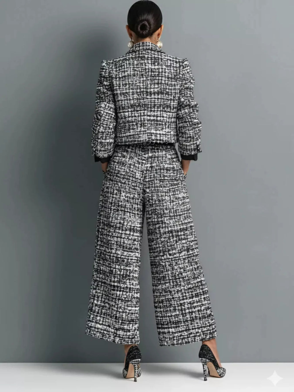 Tweed Cropped Jacket Wide-leg Pants Set (2)