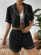 Contrast Lapel Collar Cropped Shirt Shorts Lounge Set (8)