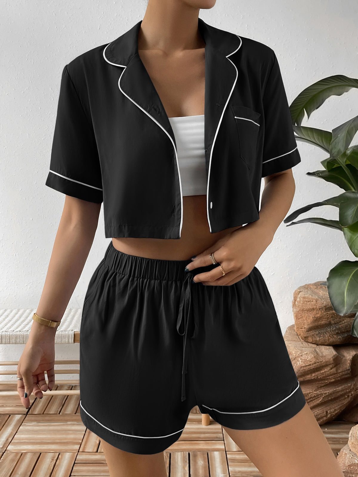 Contrast Lapel Collar Cropped Shirt Shorts Lounge Set (8)