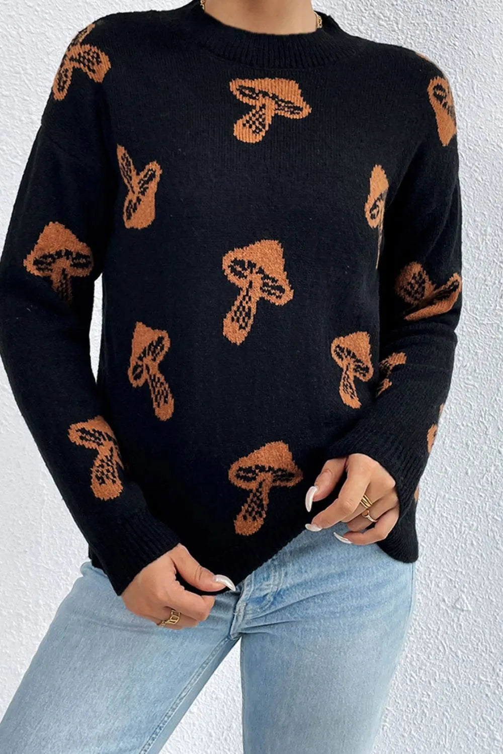 Graphic Mock Neck Dropped Shoulder Sweater (5)