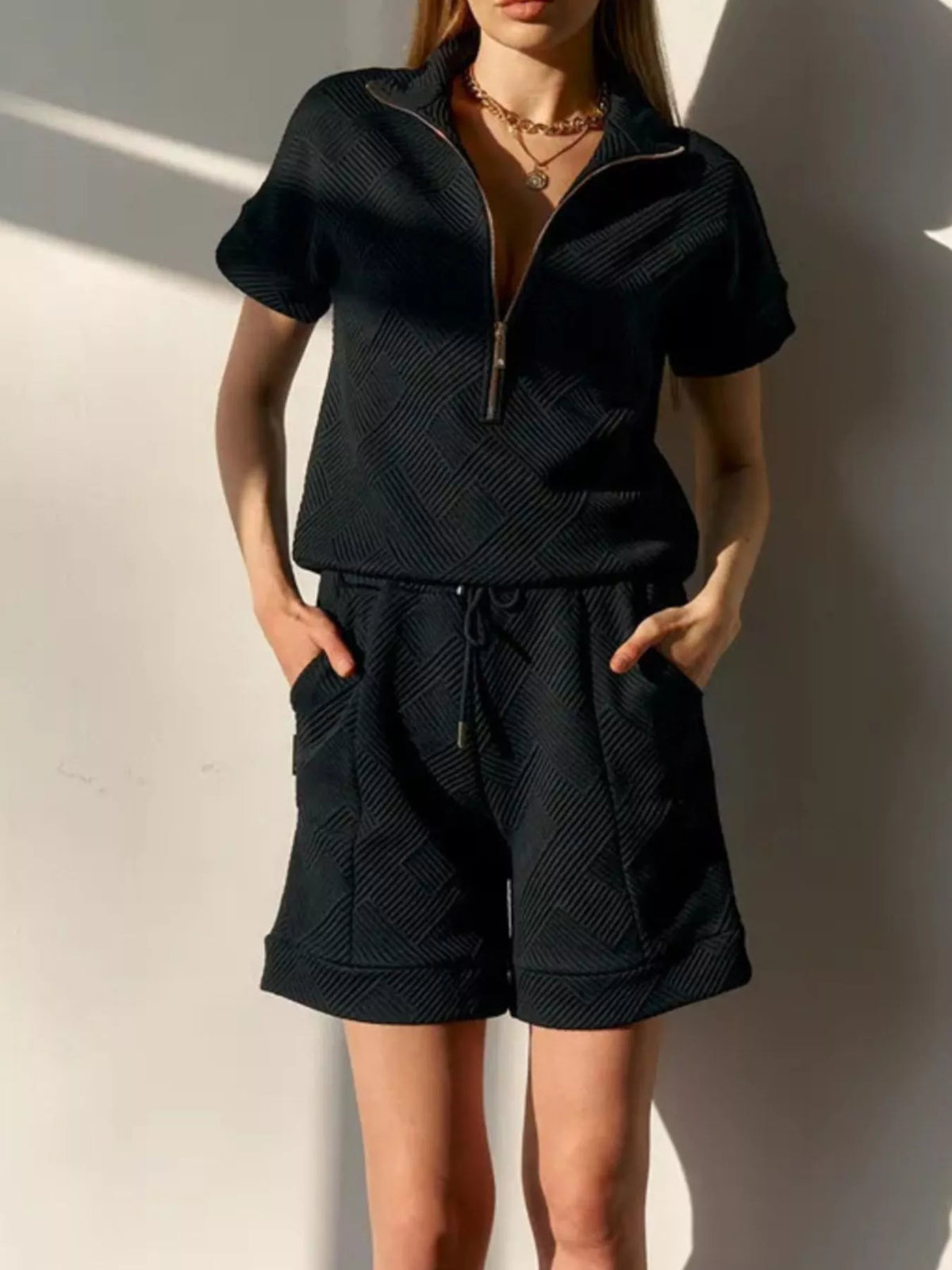 Half Zip Short Sleeve Top Shorts Set (8)