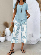 Layered Top Leaf Print Cropped Pants Set