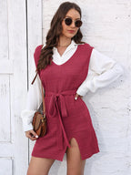 Tie Front V-neck Sleeveless Slit Sweater Dress (18)