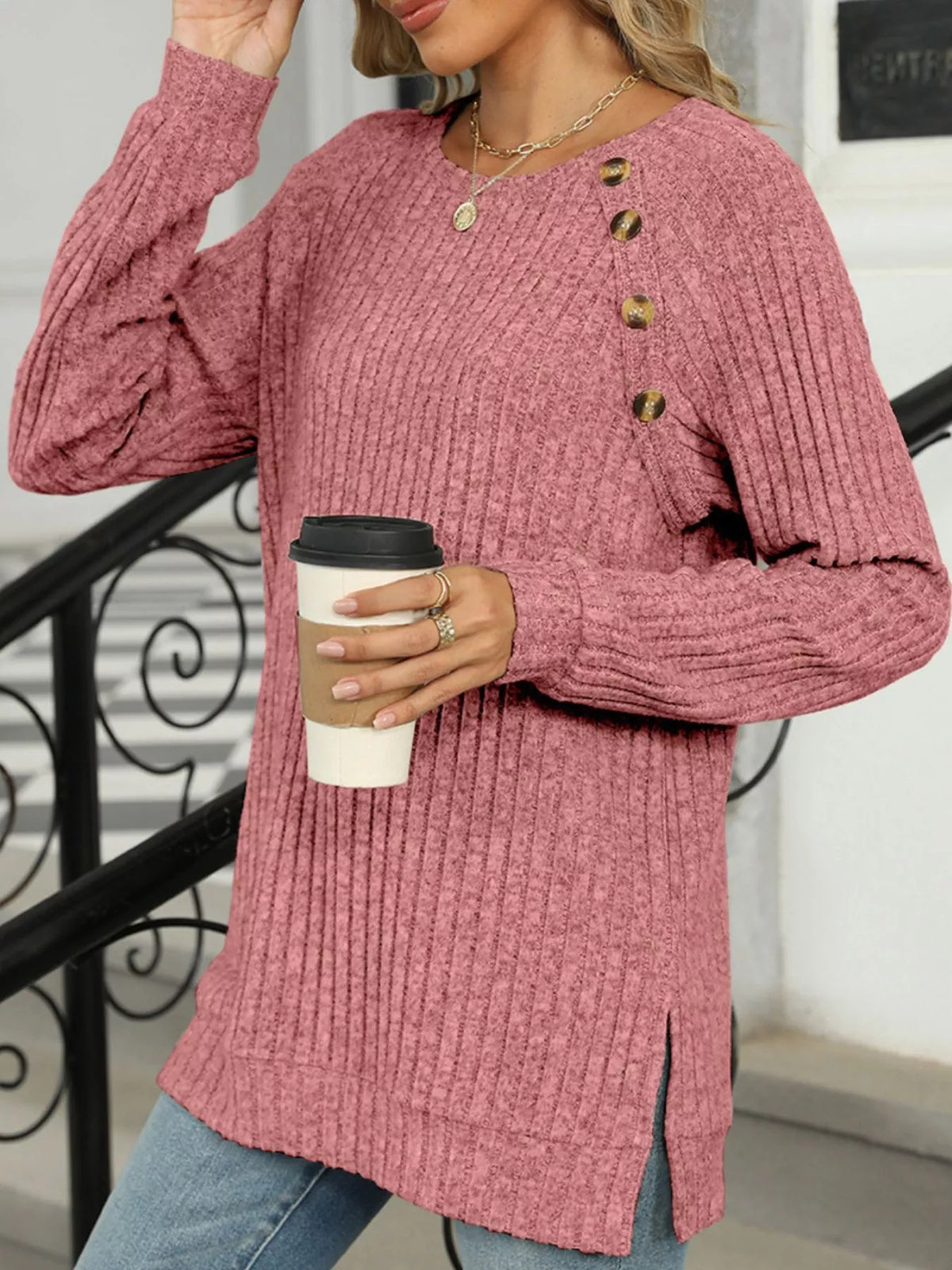 Round Neck Knit Button Top (27)