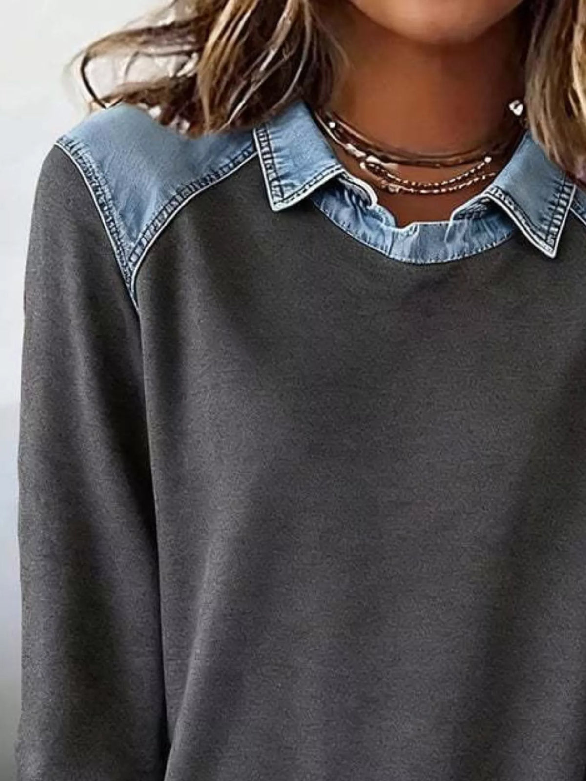 Full Size Denim Trim Long Sleeve Top Plus (8)