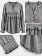 Full Size Frayed Hem Button Detail Blouse Plus (20)