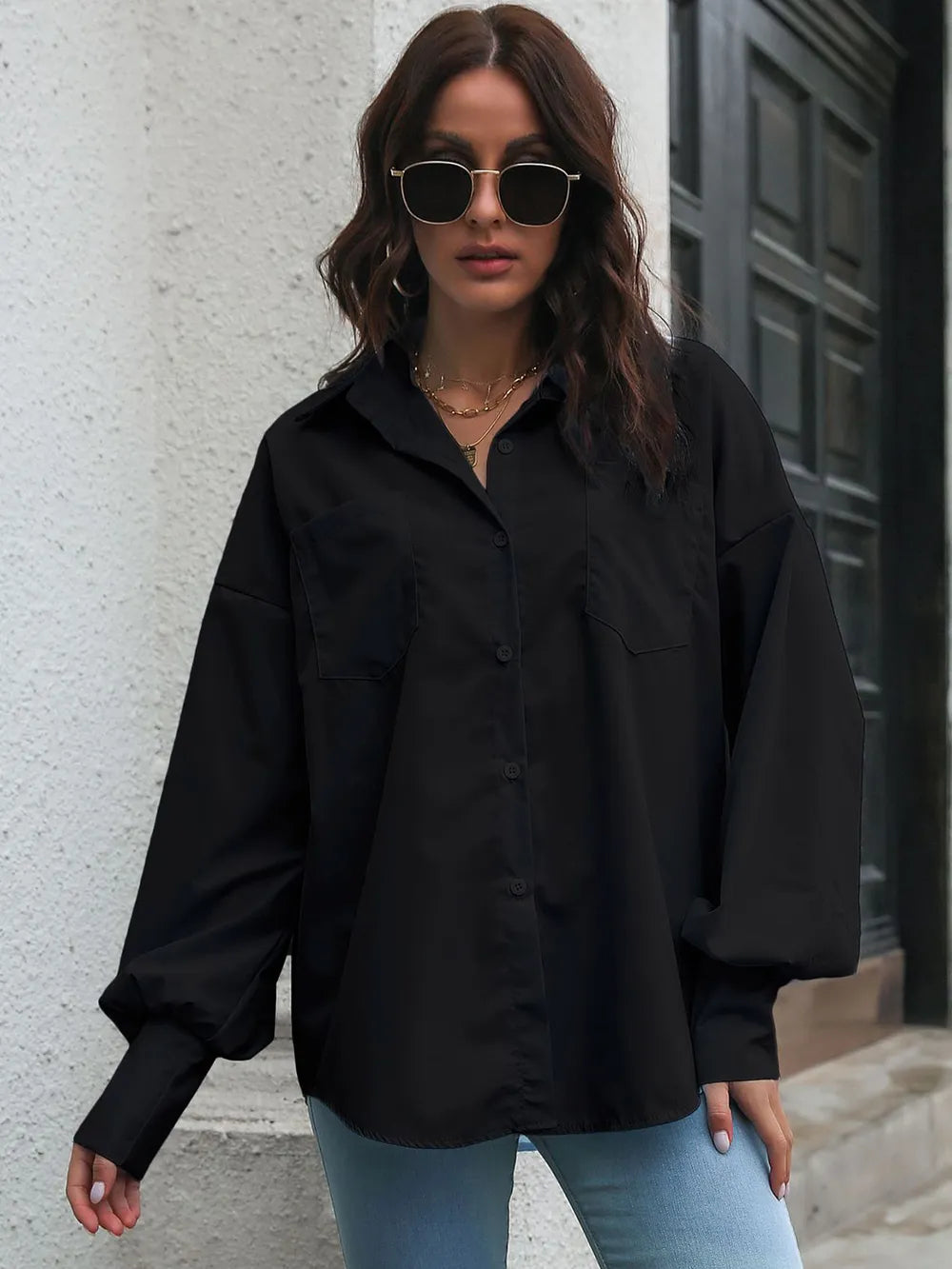 Button Up Dropped Shoulder Lantern Sleeve Shirt (14)