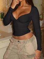Elegant Deep V-neck Long Sleeve Fitted Top (4)