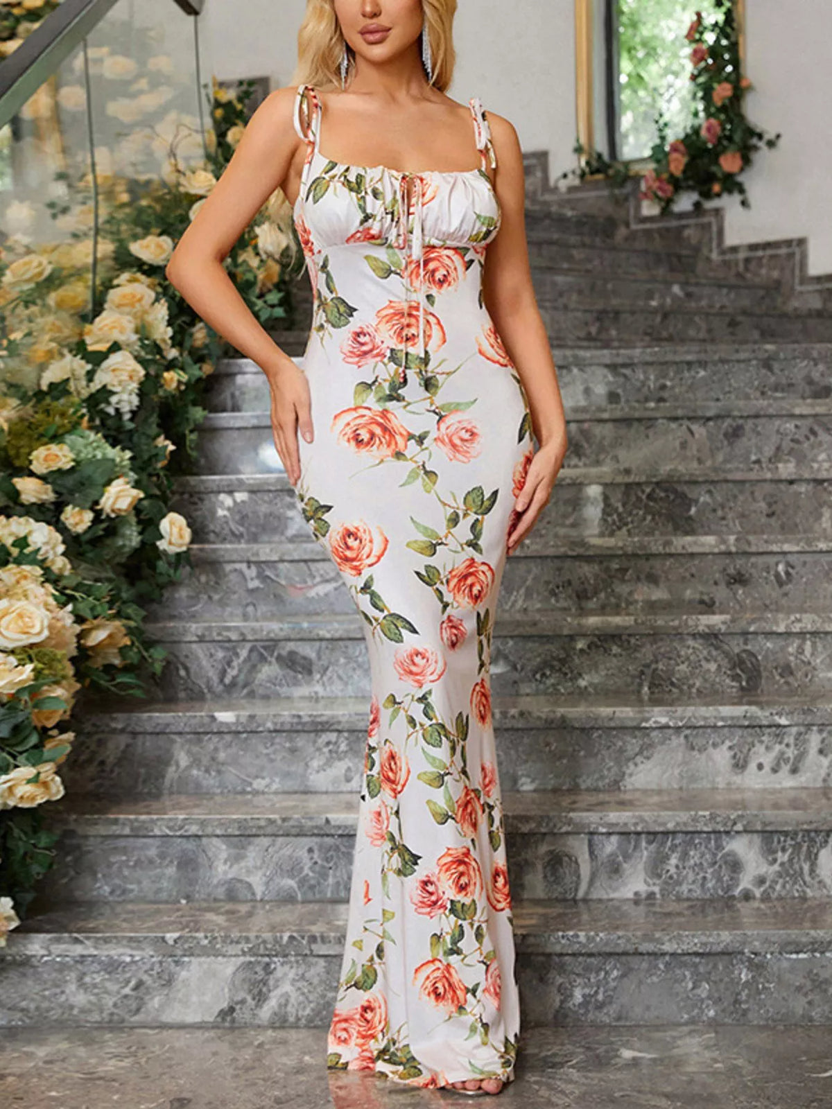Floral Print Tie Strap Bodycon Maxi Dress (9)