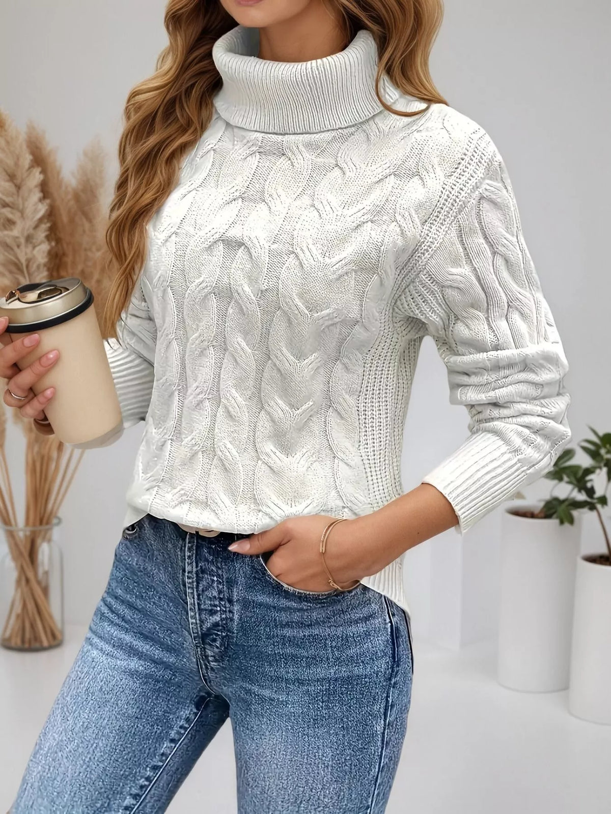 Cable Knit Turtleneck Long Sleeve Sweater (6)