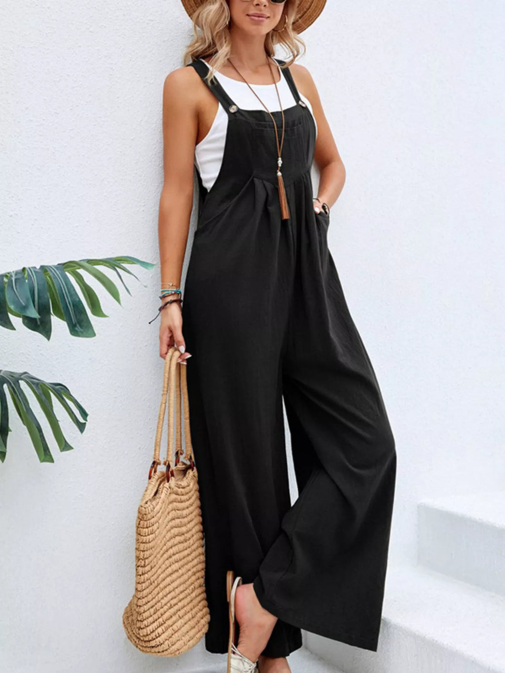Full Size Casual Wide-leg Overalls Pockets Plus