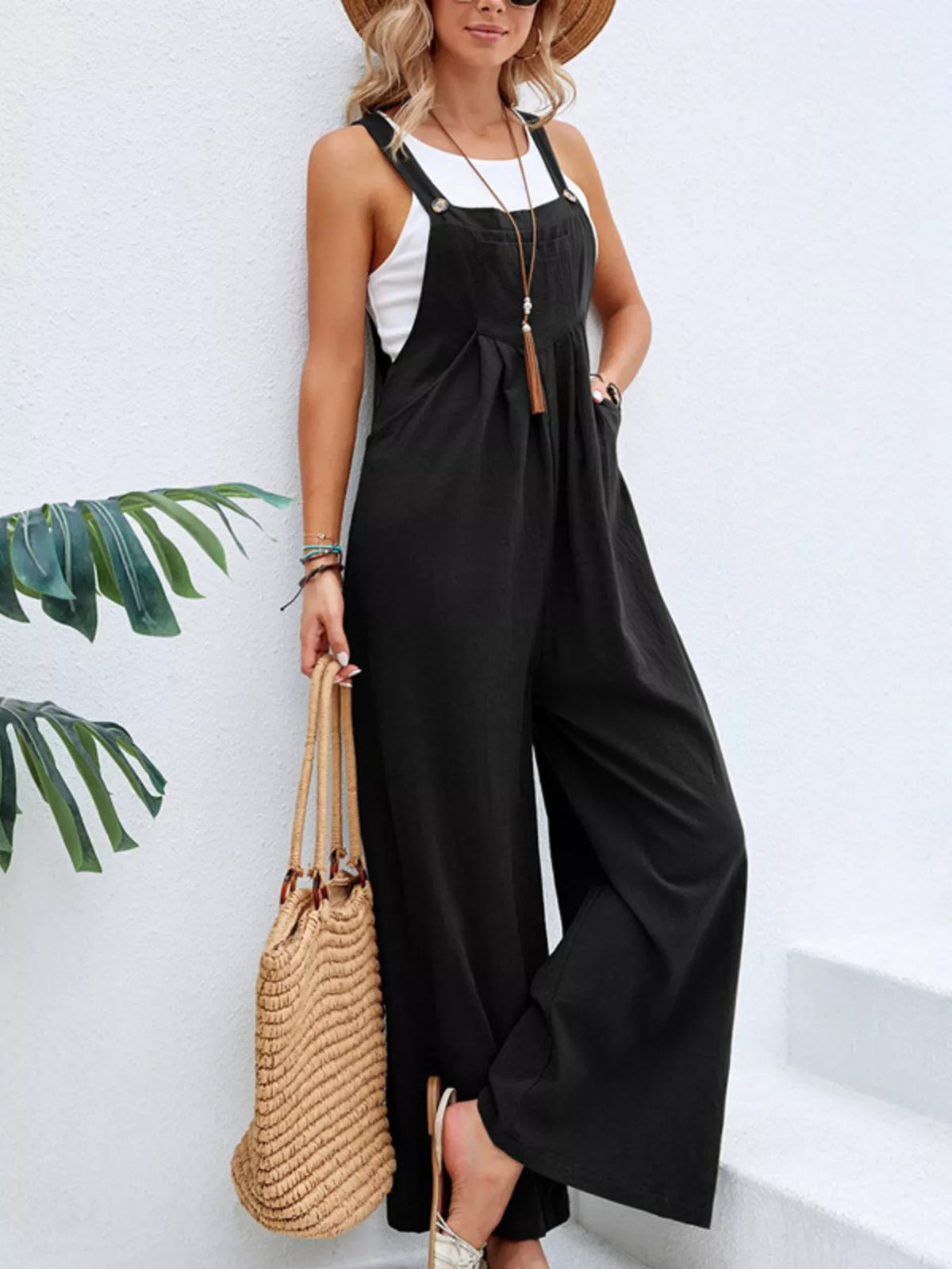 Full Size Casual Wide-leg Overalls Pockets Plus