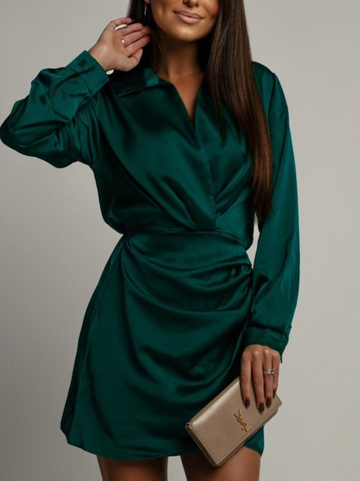Collared Neck Long Sleeve Satin Dress (7)