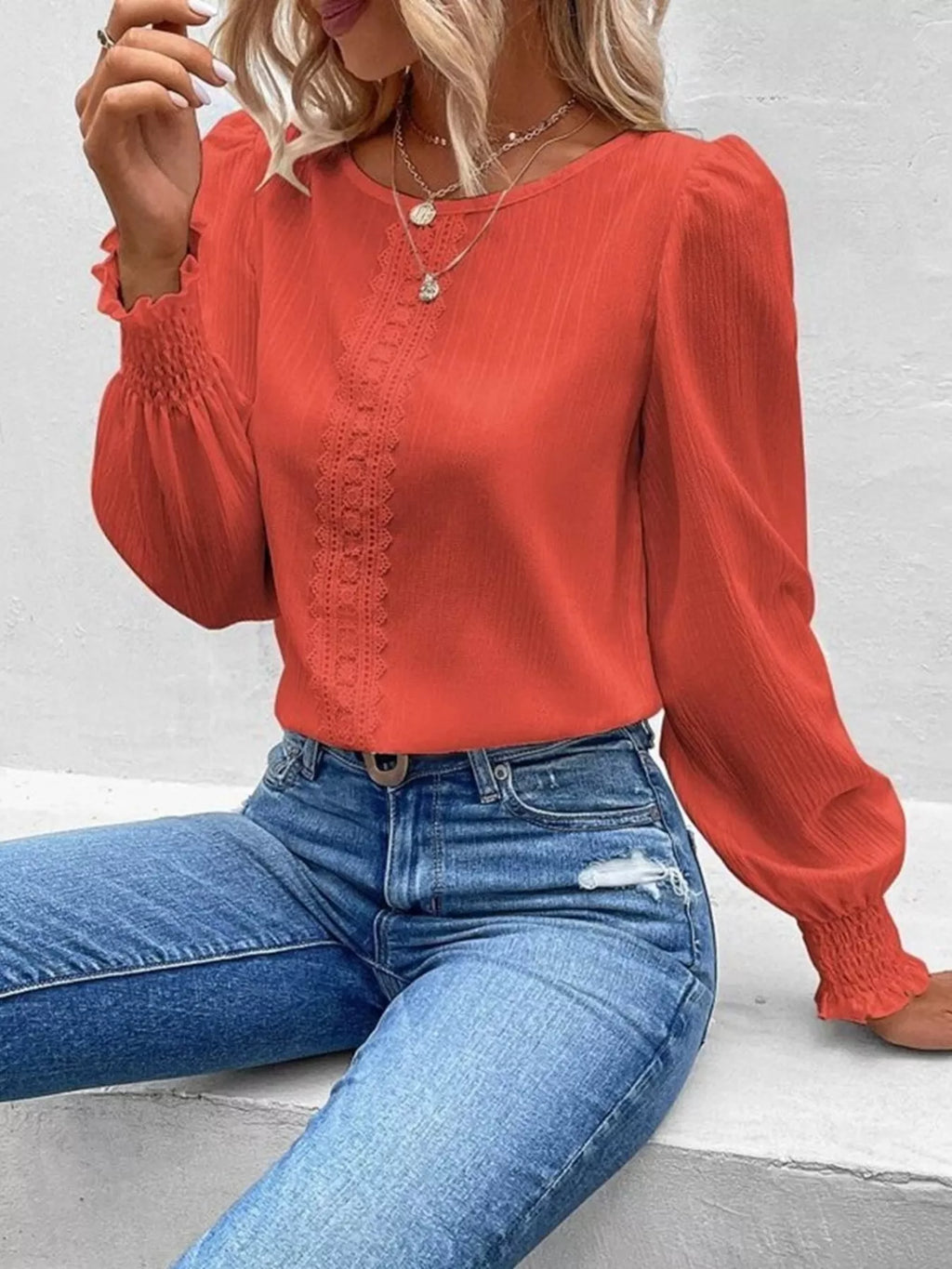 Lace Trim Long Sleeve Blouse (7)