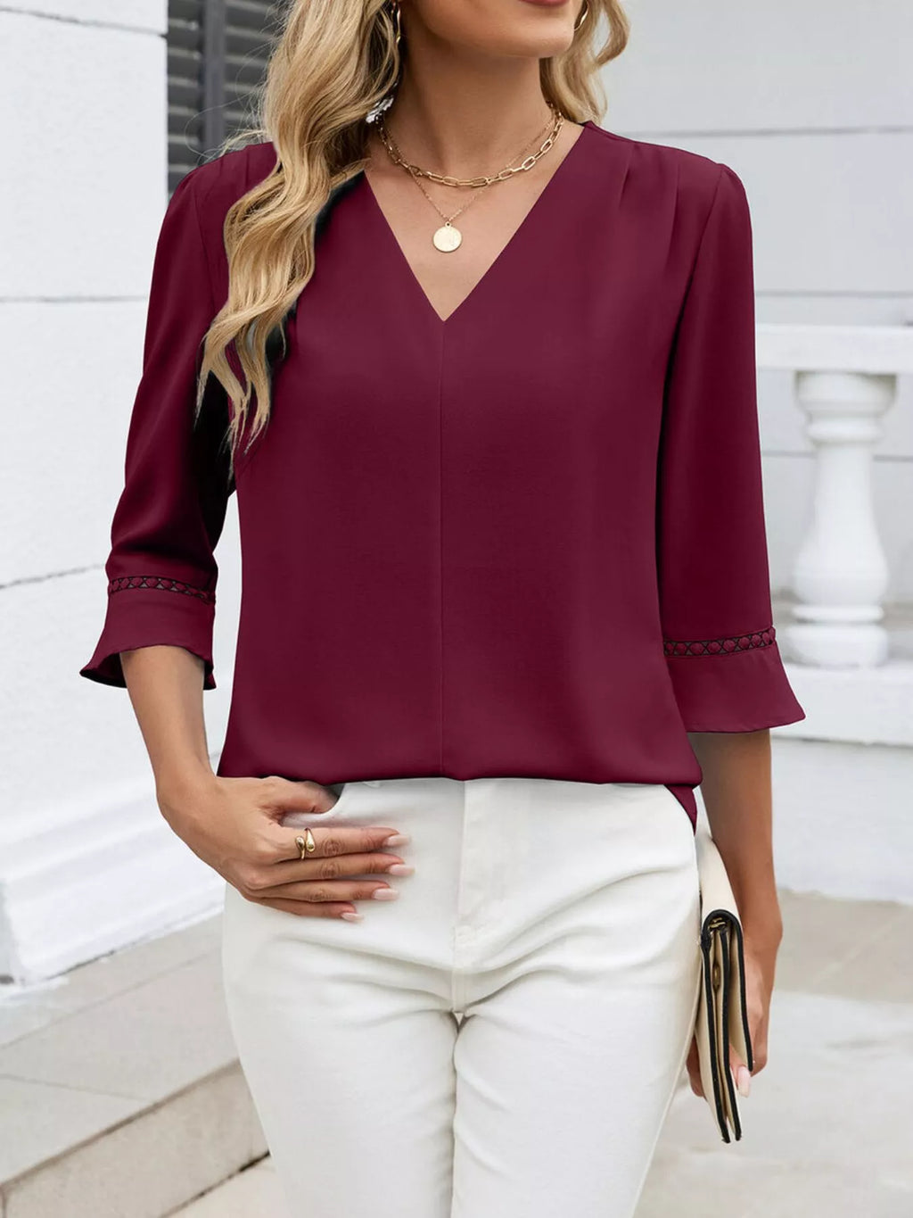 V-neck 3/4 Sleeve Blouse