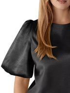 Round Neck Puff Sleeve Satin Top (17)