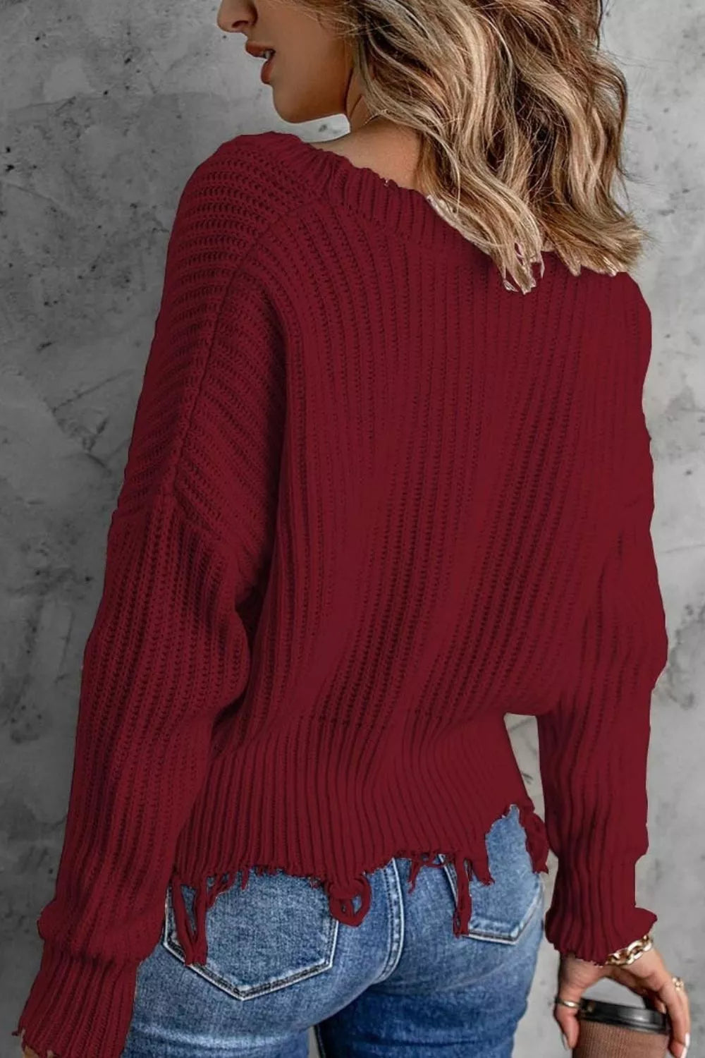 Full Size Raw Hem V-neck Sweater Plus (12)