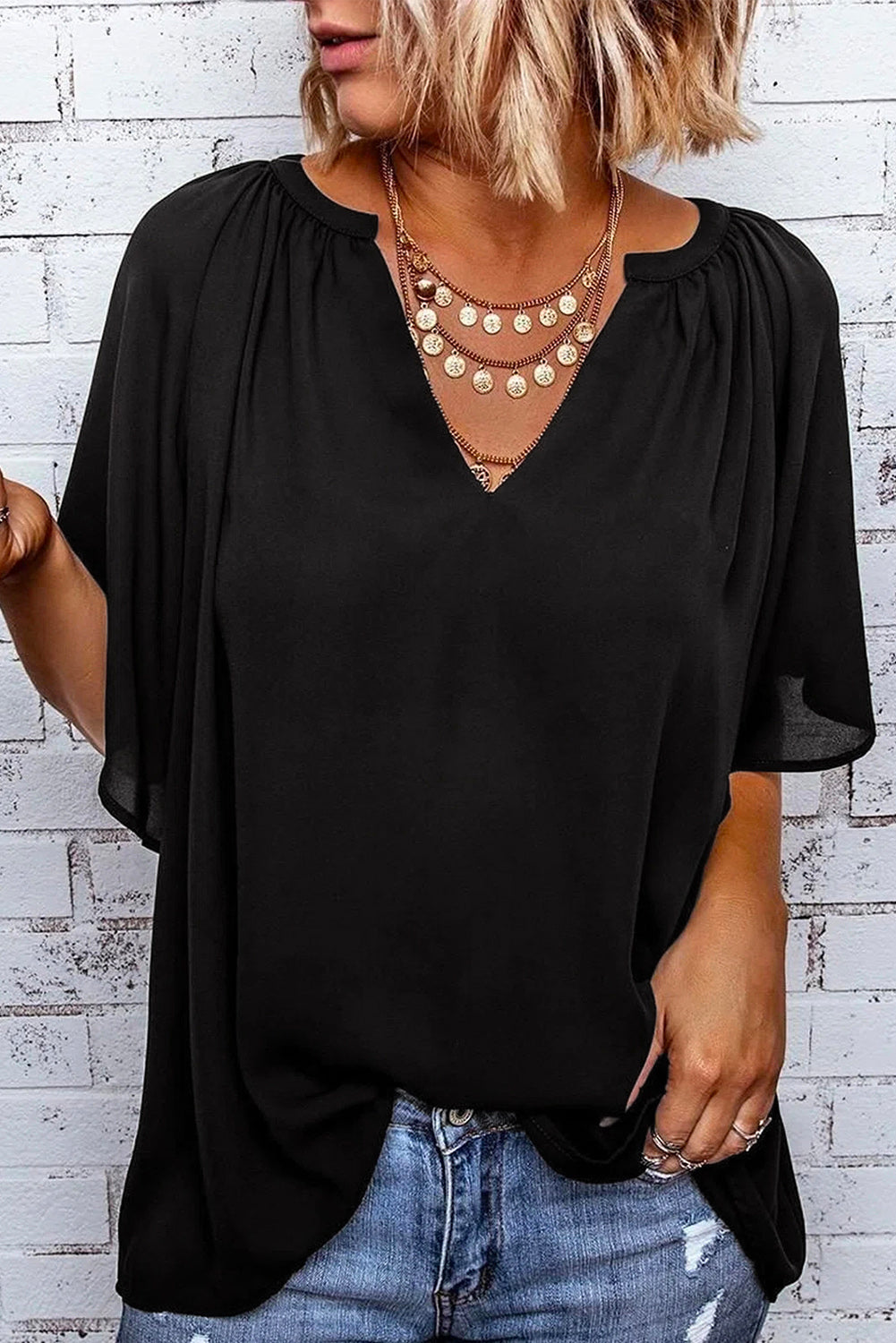 Gathered Detail Notched Neck Flutter Sleeve Top (9)