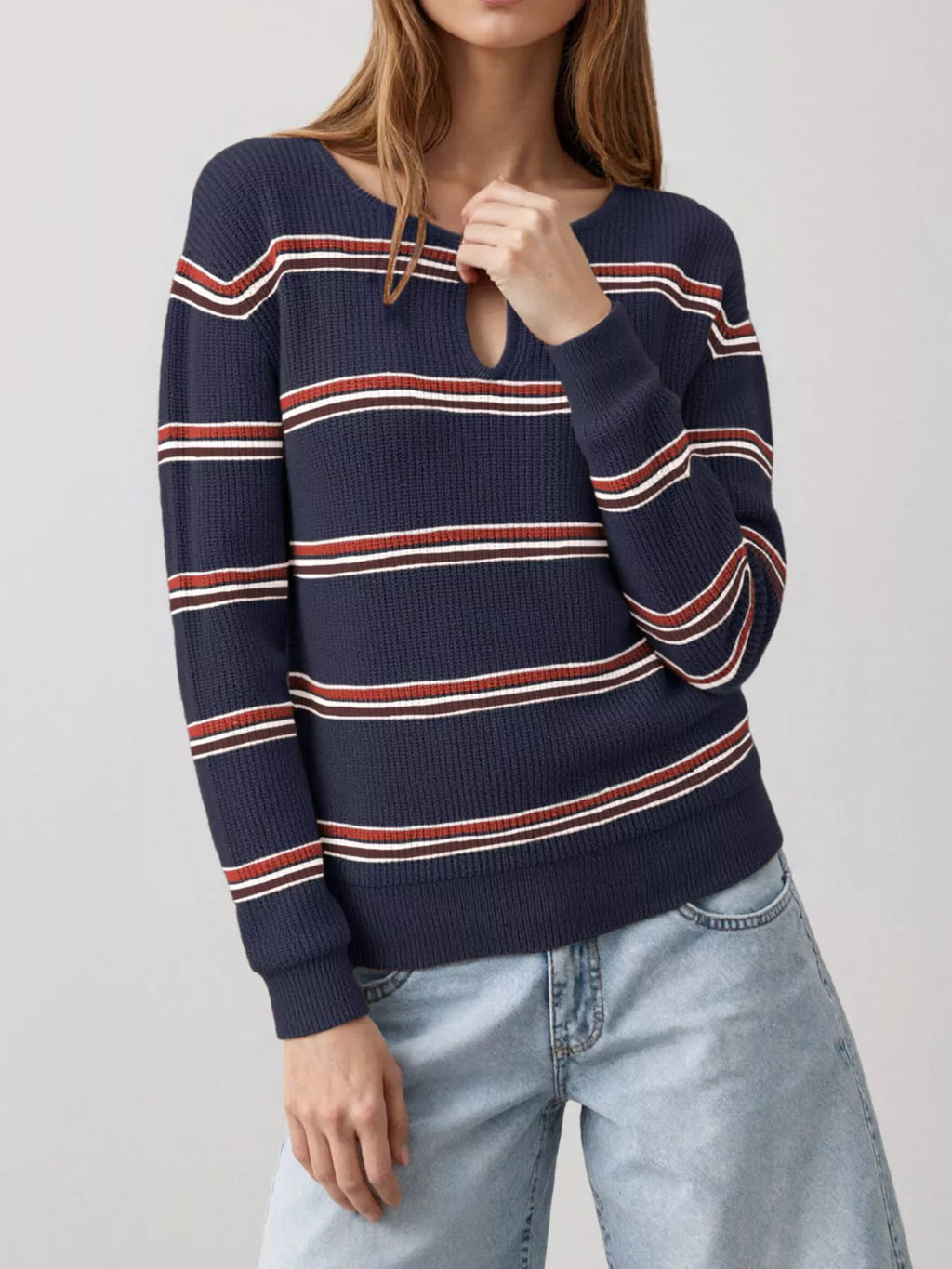 Striped Ribbed Knit Top Keyhole Neckline