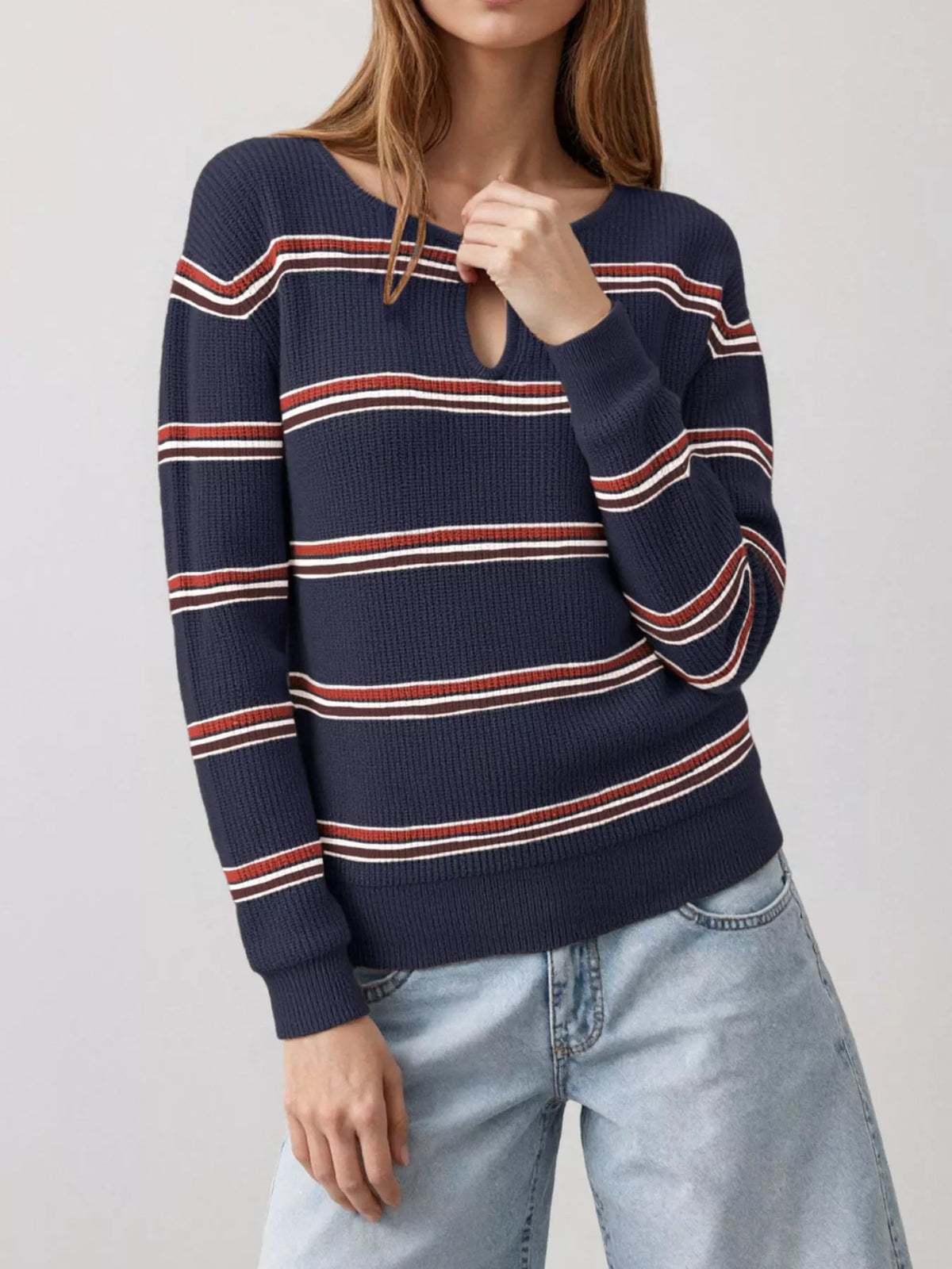 Striped Ribbed Knit Top Keyhole Neckline