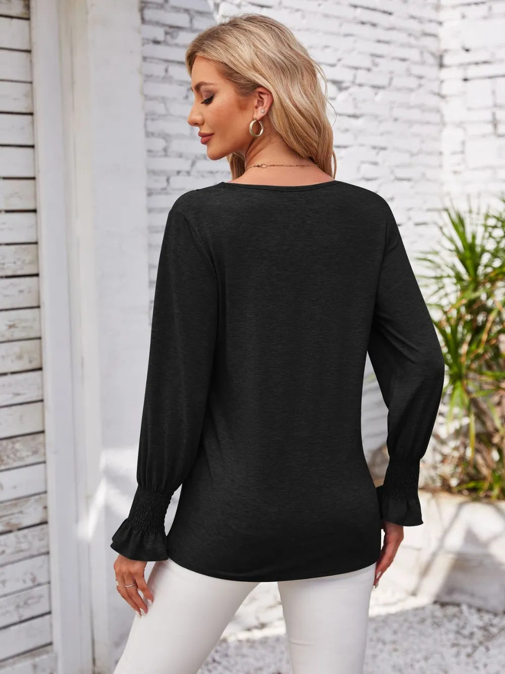 Smocked V-neck Long Sleeve Blouse (12)