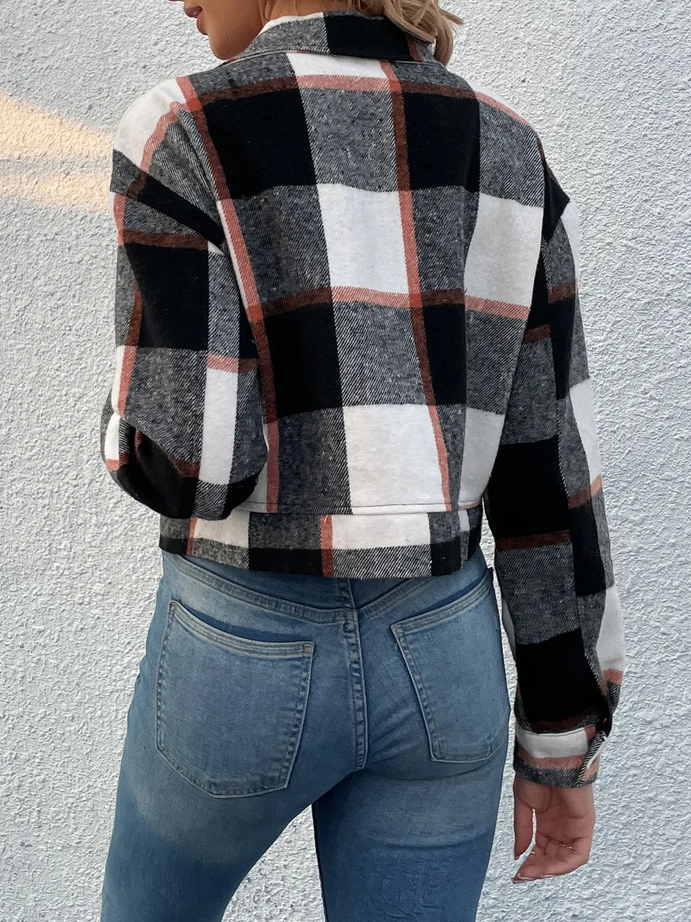 Plaid Button Up Drop Shoulder Cropped Jacket (7)
